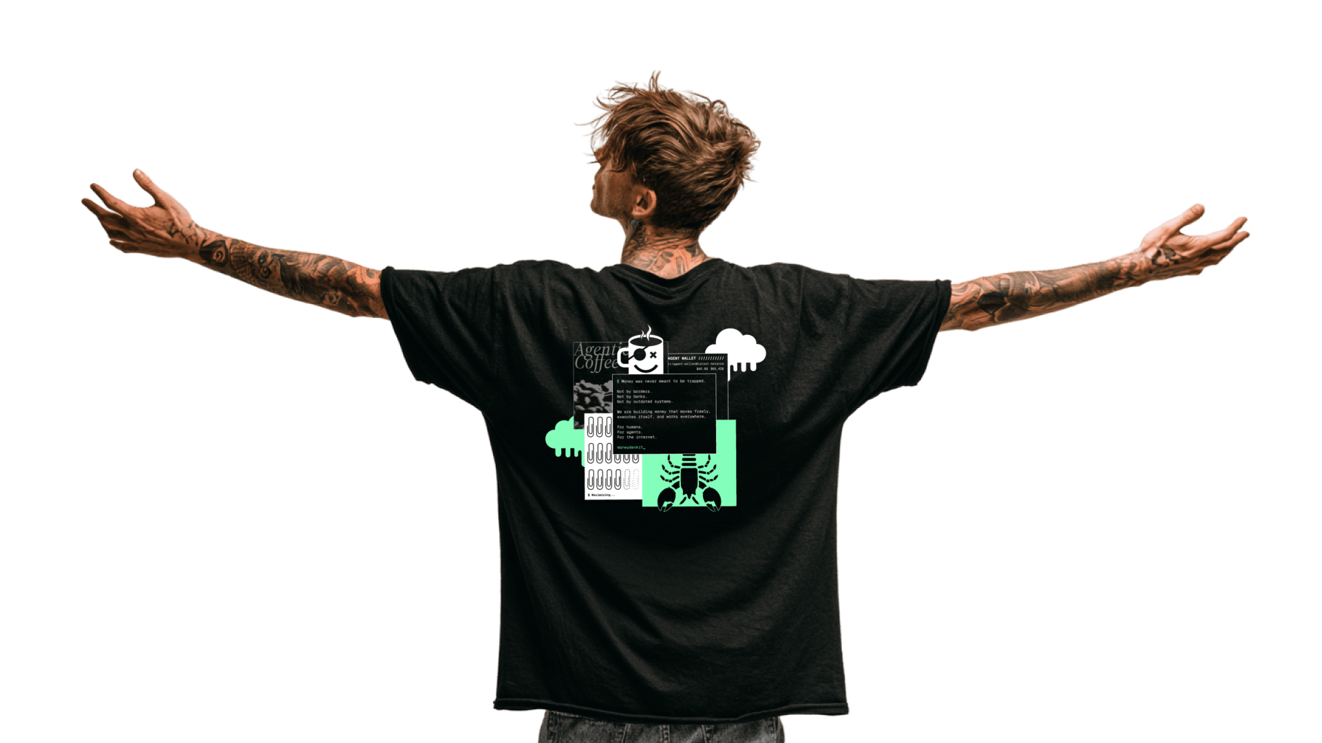 A person seen from behind with arms outstretched, wearing the black Agent Wallet tee with its full back graphic