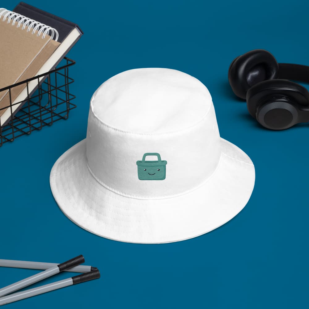 White Ori bucket hat, front view with the embroidered Ori mascot, flat lay